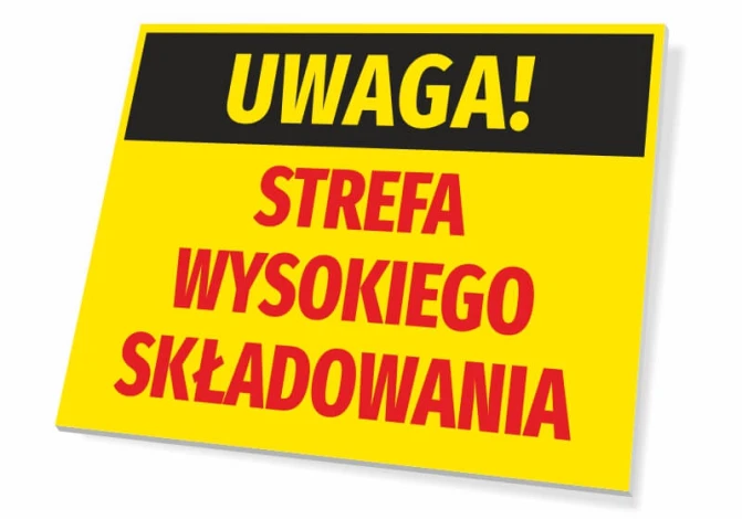 Warning sign for high storage area - Graphic design. Yellow background with black "WARNING!" and red "ZONE".