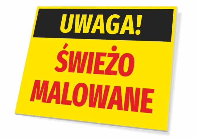 Caution: Freshly Painted Sign - Rectangular sign with yellow background, black text at the top, and red accents.