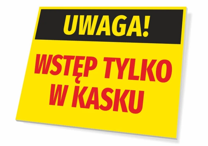 Caution: Entry Only with Helmet - Rectangular sign with yellow background and black text at the top.