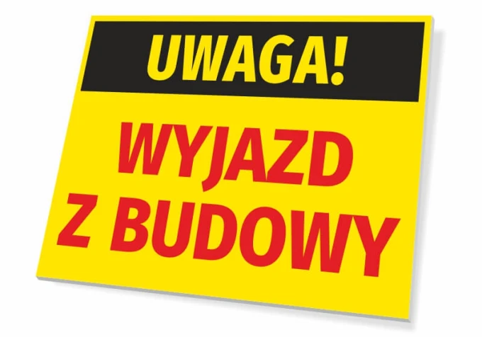 Caution Construction Exit Sign - Rectangular sign with yellow background, black text, and large red accents.