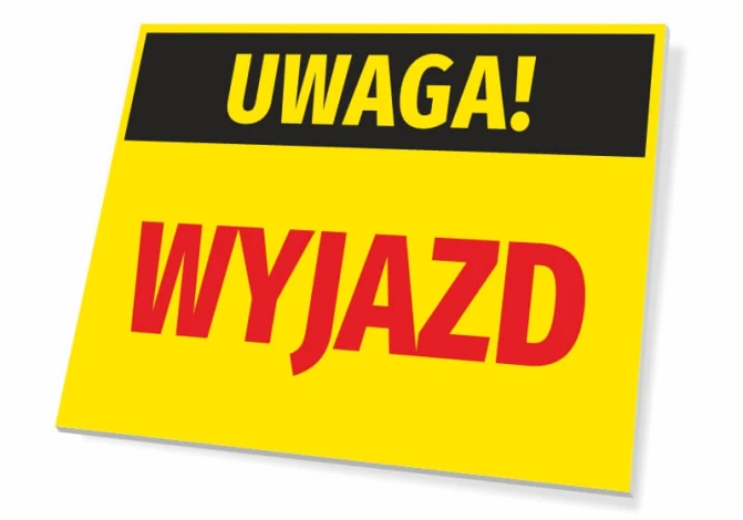 Caution Departure Sign - Rectangular sign with yellow background, black "Caution" text, and red lettering.