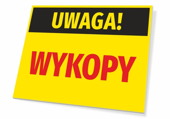 Warning Excavation Sign - Rectangular sign with yellow background, black "Warning!" text, and red lettering.