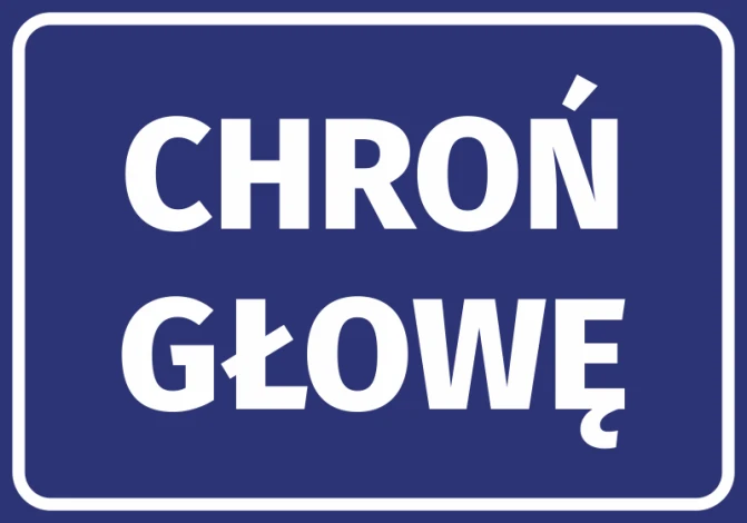 Sticker Protect Your Head - Graphic design. Blue background with white text PROTECT YOUR HEAD in uppercase letters.