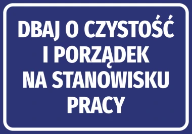 Clean and tidy workplace sticker - Graphic design. Blue background with large white text.