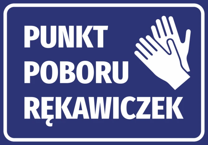 Glove collection point sticker - Graphic design. Blue background with white text and icon of two hands.