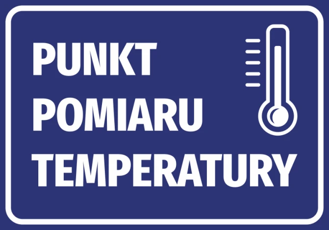 Temperature Measurement Sticker - Graphic design. Simple rectangle with white text on blue background and thermometer icon.