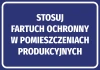 Sticker: Use protective apron in production areas - Graphic design. White text on blue background.
