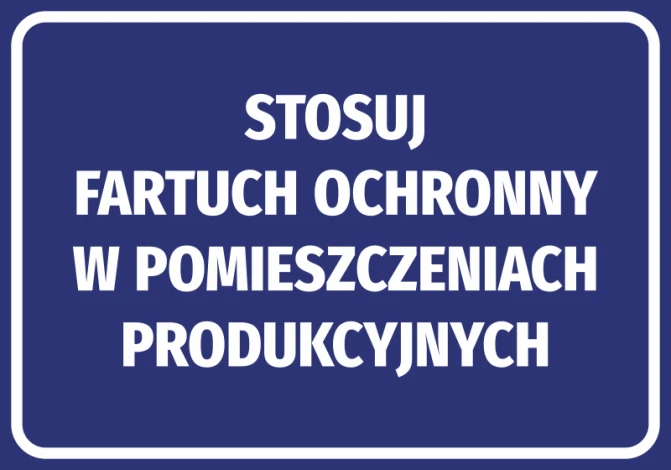 Sticker: Use protective apron in production areas - Graphic design. White text on blue background.