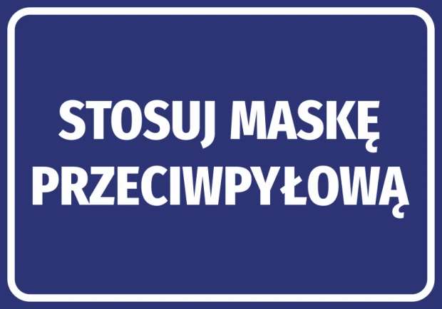 Dust mask required sticker - Graphic design. White text on a blue background, rectangular shape.
