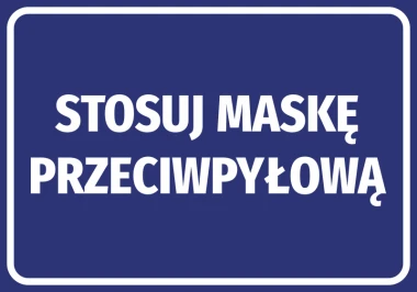Dust mask required sticker - Graphic design. White text on a blue background, rectangular shape.