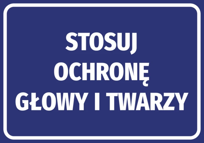 Sticker: Use head and face protection - Graphic design. Blue background with large white text.
