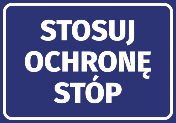 Foot protection sticker - Graphic design. Blue background with large white text.