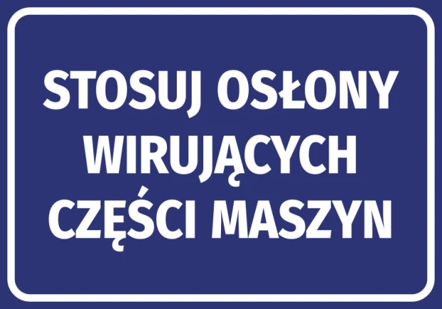 Sticker: Use guards for rotating machine parts - Graphic design. Blue background with large white text.