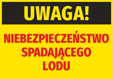 Warning sticker for falling ice - Graphic design. Yellow background with black text WARNING! and red accents.
