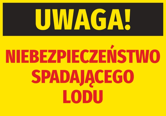 Warning sticker for falling ice - Graphic design. Yellow background with black text WARNING! and red accents.