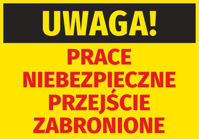 Caution sticker: Dangerous work. No entry - Graphic design. Yellow background with large black "CAUTION!" and red accents.