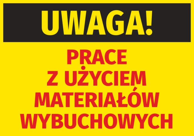 Warning Sticker: Explosive Materials Work - Graphic Design. Large text on yellow background with red font.