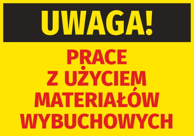 Warning Sticker: Explosive Materials Work - Graphic Design. Large text on yellow background with red font.