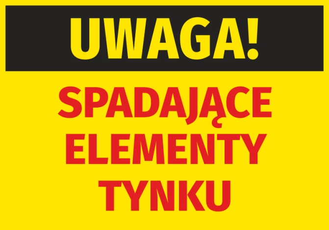 Caution sticker for falling plaster elements - Graphic design with yellow background, black "CAUTION!" and red "FALLING ELEMENTS".