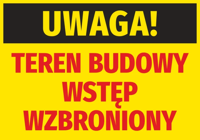 Construction Site Warning Sticker - Large black text on a yellow background with red accents.