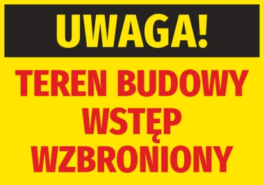 Construction Site Warning Sticker - Large black text on a yellow background with red accents.