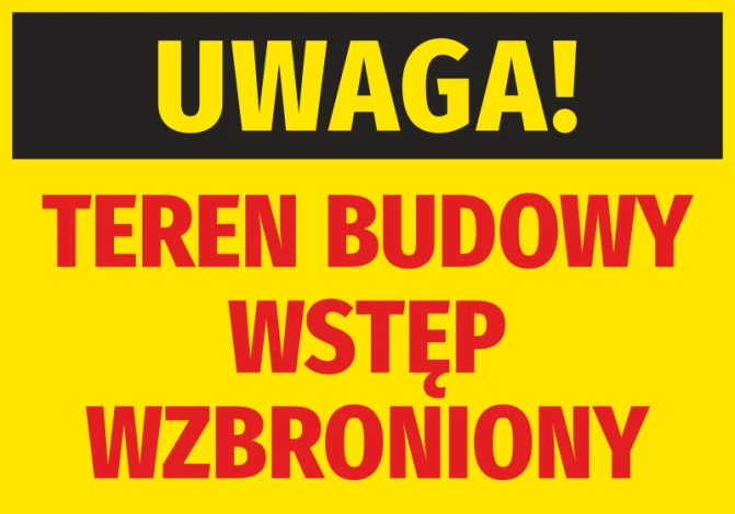 Construction Site Warning Sticker - Large black text on a yellow background with red accents.