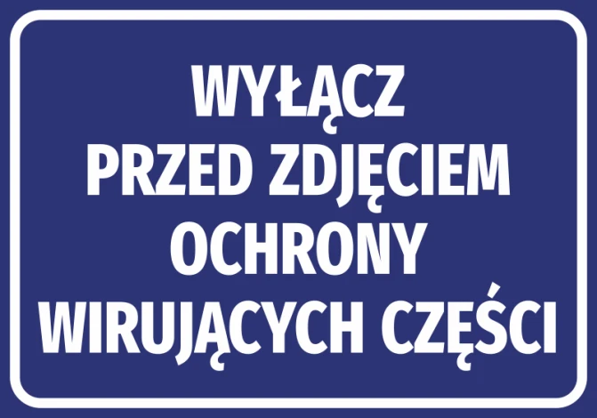 Sticker: Turn off before removing protective cover of rotating parts - Graphic design. Simple rectangle with blue background and white text.