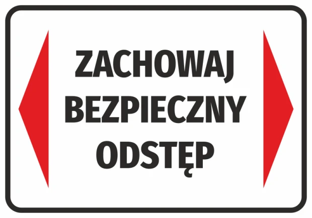 Stay Safe Distance Sticker - Graphic design with a simple rectangle, white background, red arrows, and large black text.