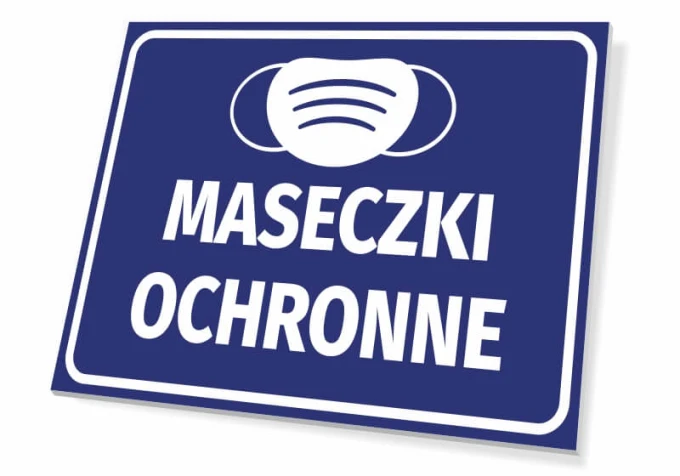 Protective masks sign - Graphic design. White mask graphic on blue background with large text PROTECTIVE MASKS.