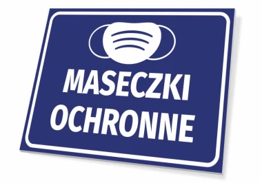 Protective masks sign - Graphic design. White mask graphic on blue background with large text PROTECTIVE MASKS.