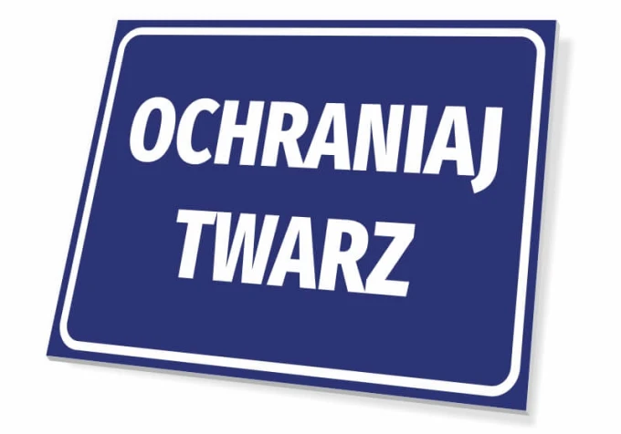 Face Protection Sign - Graphic design. Simple rectangular shape with white text on a blue background.
