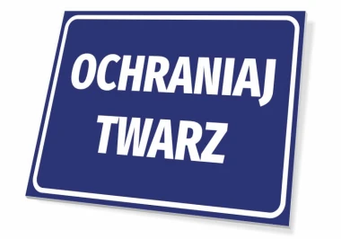 Face Protection Sign - Graphic design. Simple rectangular shape with white text on a blue background.