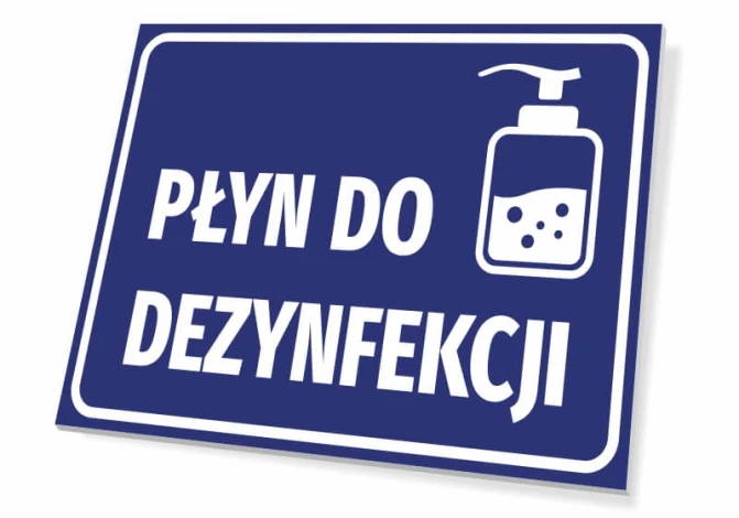 Disinfectant Liquid T415 Sign - Rectangular sign with blue background, white text, and bottle icon.