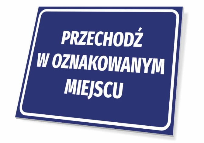 Cross Here at Designated Spot - Graphic Design. Rectangular sign with blue background and white text.