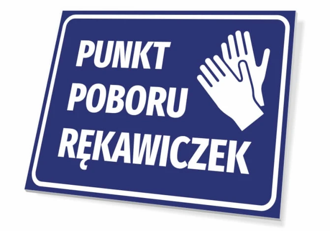 Glove collection point sign - Graphic design. Blue background with white text and two gloves.