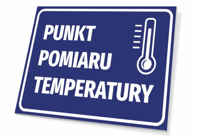 Temperature measurement sign - Graphic design. Blue background with white text and thermometer symbol.