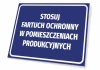 Use protective apron in production areas - Graphic design. Rectangular sign with a blue background.