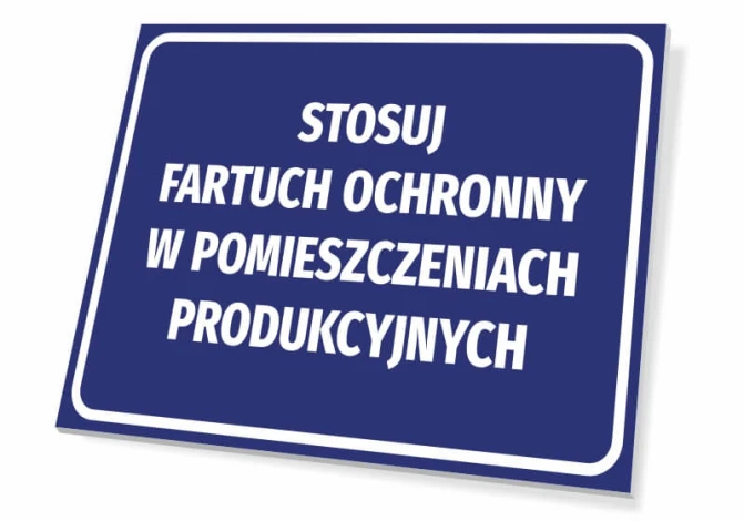 Use protective apron in production areas - Graphic design. Rectangular sign with a blue background.