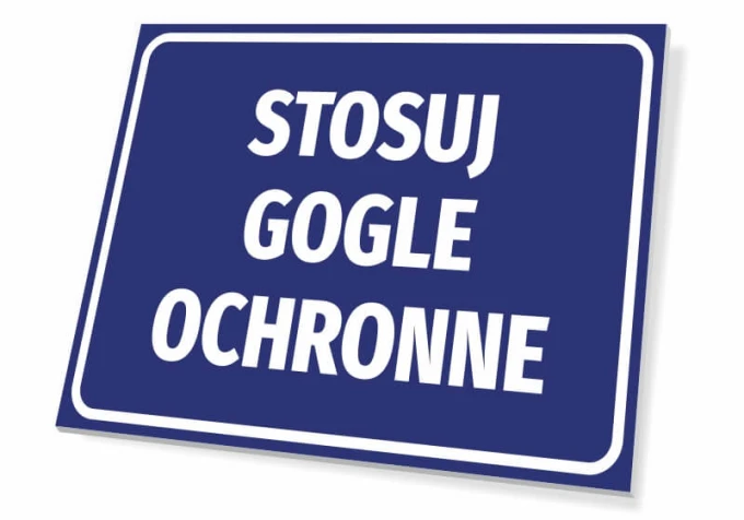 Protective goggles required - Graphic design. Simple rectangle on a blue background with white text.