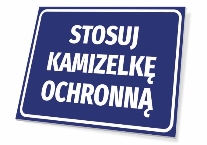 Protective Vest Required Sign - Graphic Design. Blue background with large white text.