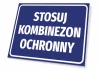 Protective Suit Required Sign - Graphic Design. Rectangular sign with a blue background and white text.
