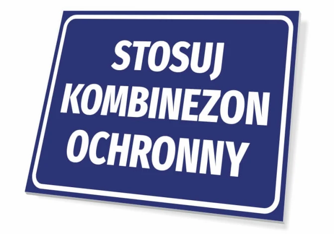 Protective Suit Required Sign - Graphic Design. Rectangular sign with a blue background and white text.
