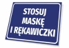 Use mask and gloves sign - Graphic design. Rectangular sign with blue background and white text.