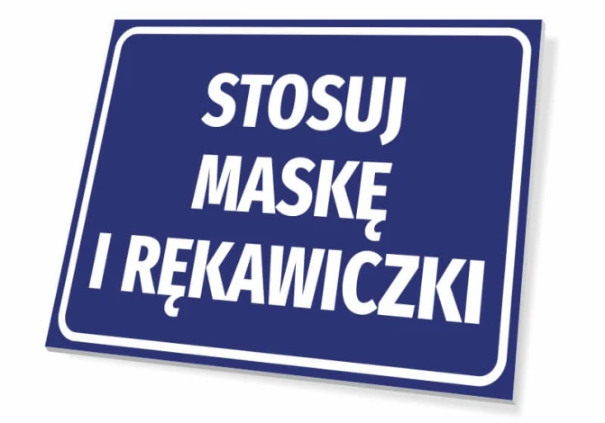 Use mask and gloves sign - Graphic design. Rectangular sign with blue background and white text.