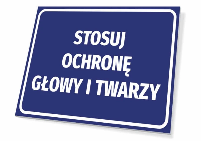 Head and face protection sign - Graphic design. Blue background with large white text.