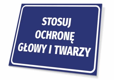 Head and face protection sign - Graphic design. Blue background with large white text.