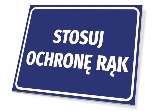 Hand Protection Notice - Graphic Design. Rectangular sign with a blue background and white text.