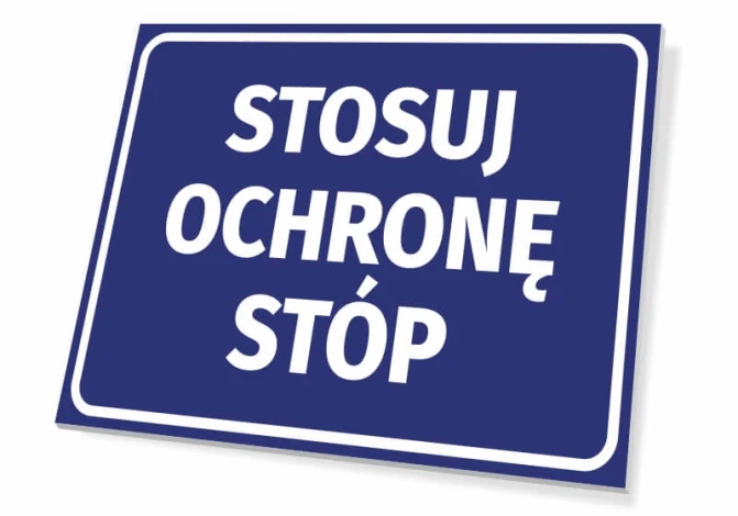 Foot Protection Sign - Graphic Design. Simple rectangular sign with white text on a blue background.