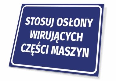 Sign: Use guards for rotating machine parts - Graphic design. Blue background with white text.