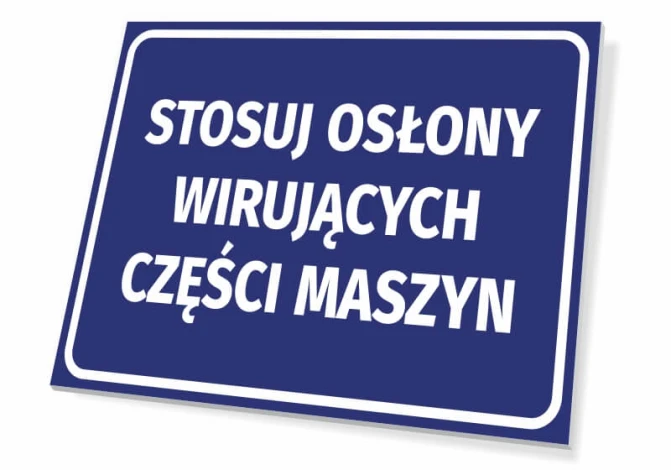 Sign: Use guards for rotating machine parts - Graphic design. Blue background with white text.